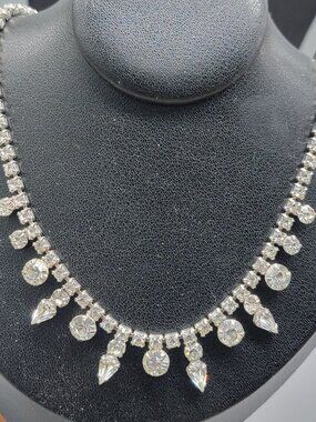 Vintage Garne Jewelry Rhinestone Choker Necklace 15" Clear Prong Set Stones